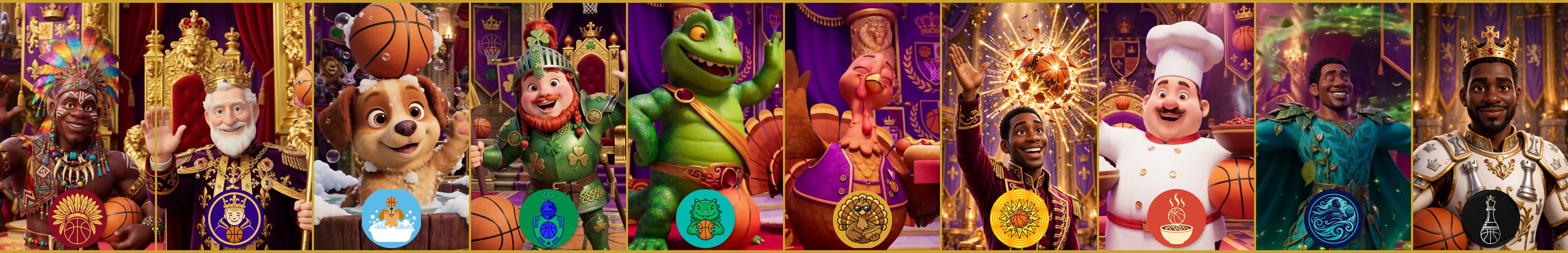 The Kingdom's ten teams — every team's character from the season intro with its badge: The REAL Tribal Chief, Christ The King, Team Pup n' Suds, Team O'Connor, 3Zilla Squad, Glizzy Gobblers, BOOM! Shockalotta, .... Rice and Beans, Team Ruah and CKING